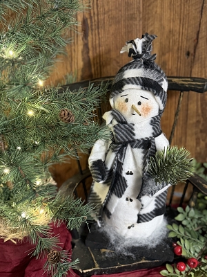 Handmade Snowman in Black & White Fleece with Greens By Deb 14